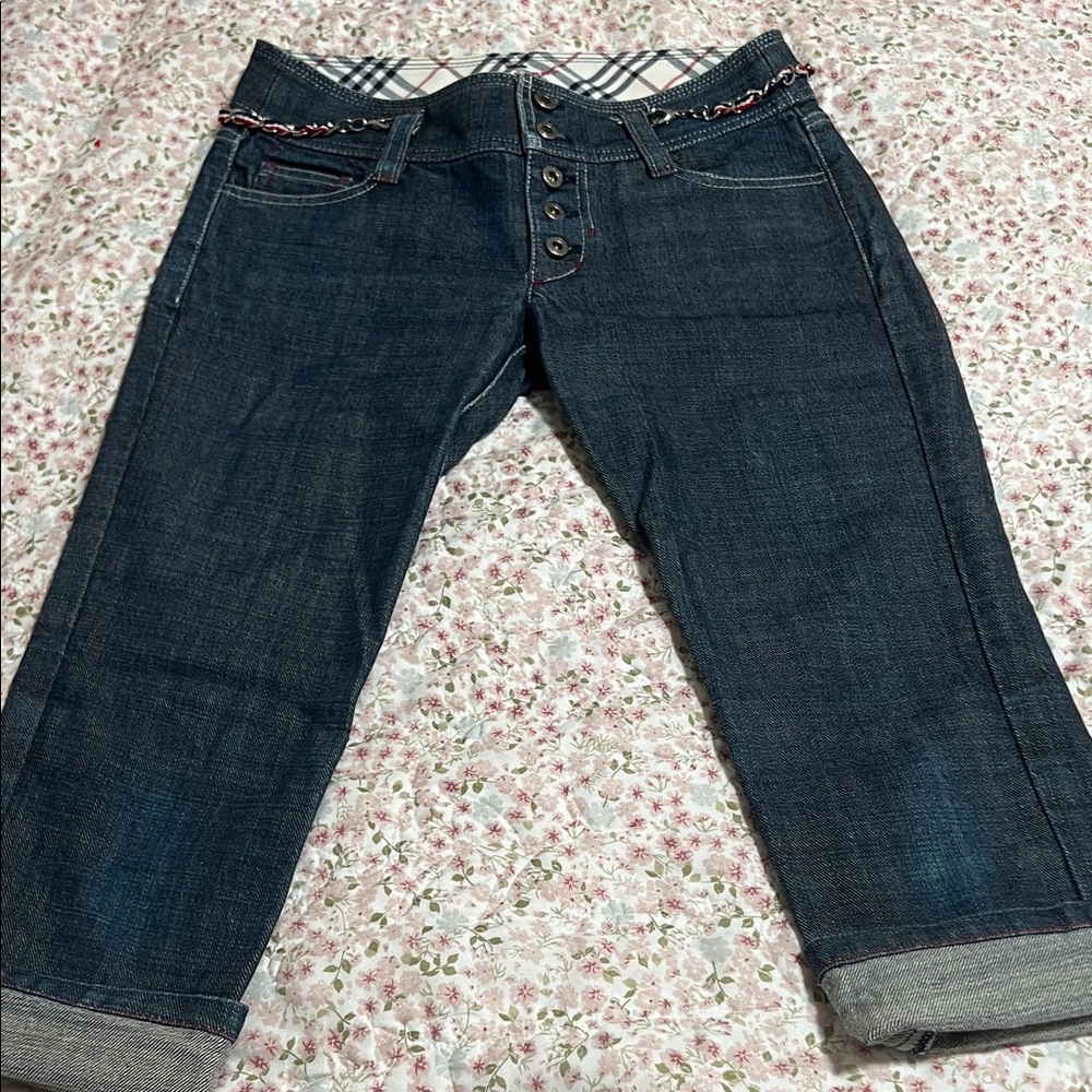 Burberry Blue Label Blue White and Red Plaid Lined Denim Jeans